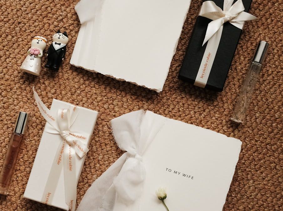 elegant wedding gift arrangement on textured carpet